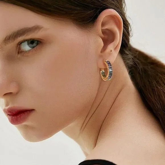 14K Yellow Gold with Rainbow Topaz Cubic Zirconia Drop Hoop Leverback Earrings